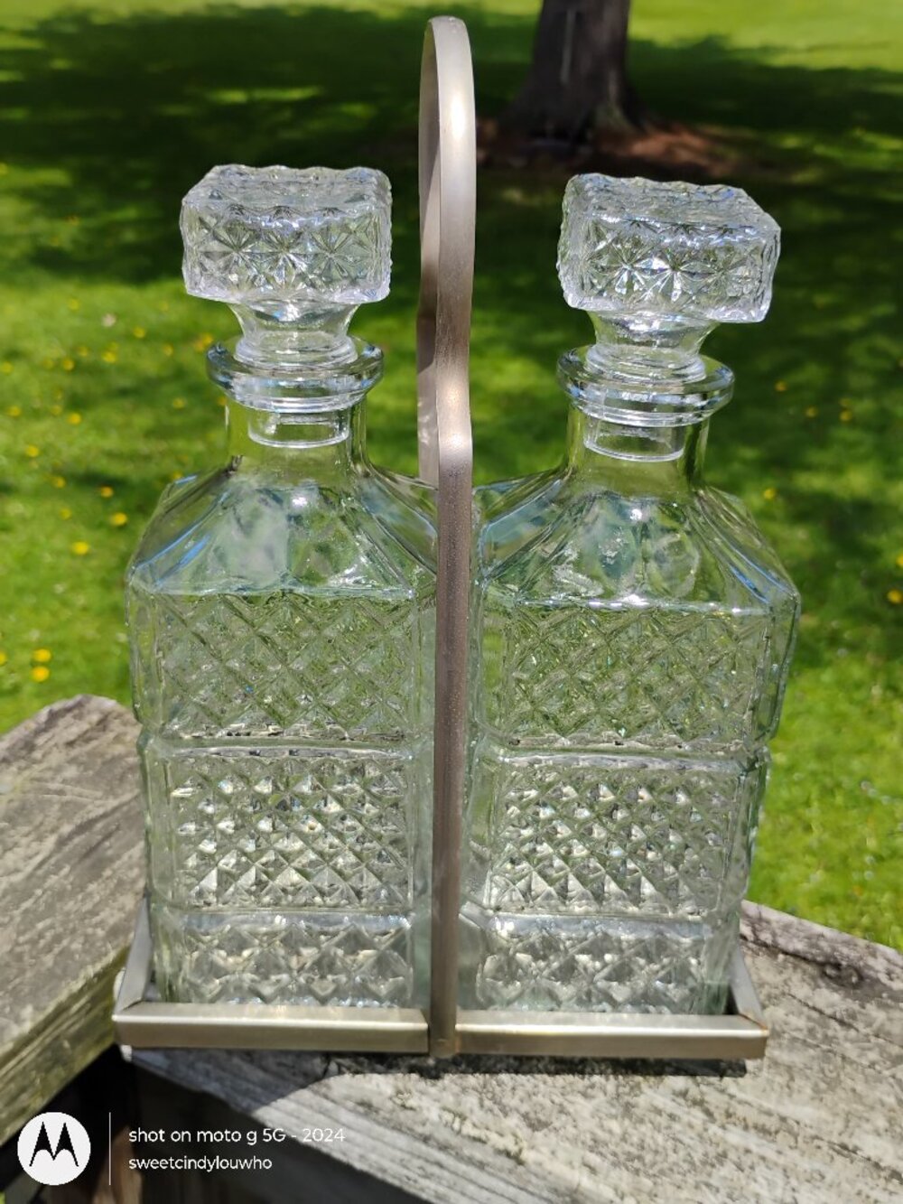clear glass liquor decanter set of 2 with metal transport caddy Brama Glassworks